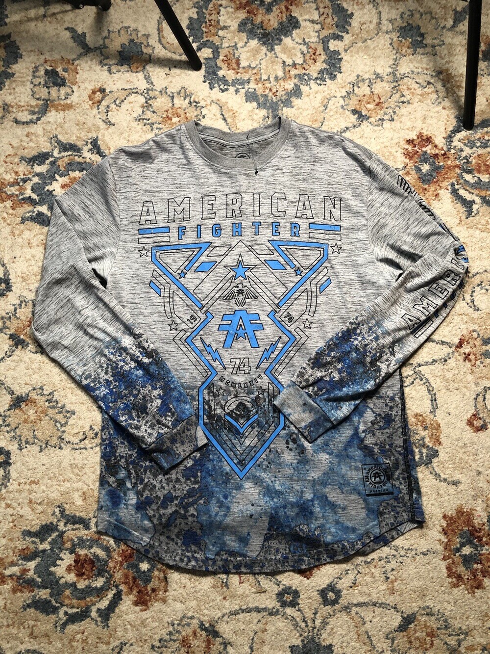 Y2K American Fighter MMA Affliction Style Long Sleeve T-Shirt Size XL Blue Gray